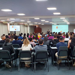 Múltiplas TVs configuradas em painel visual para evento